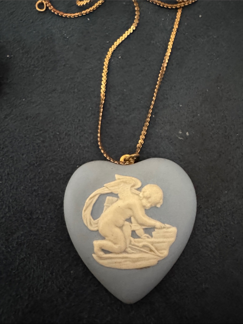Wedgwood Blue and Cream Heart Pendant Necklace with Cherub Relief
